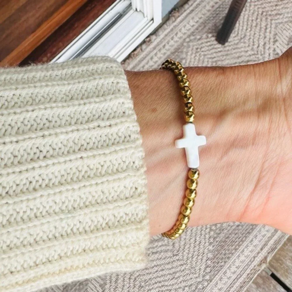 Matching Bracelet set Pearl Cross Non-Tarnish Gold Beaded Mommy & Me Matching